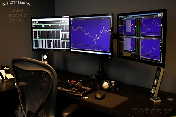 A dynamic trading dashboard displaying various commodity futures markets, inspired by G. Scott Martin's strategies.