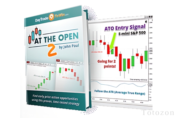 A trader learning day trading techniques from John Paul's e-course, with charts and notes in the background.