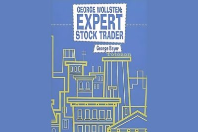 An old trading floor bustling with traders, symbolizing George Wollsten's era of stock and grain trading.