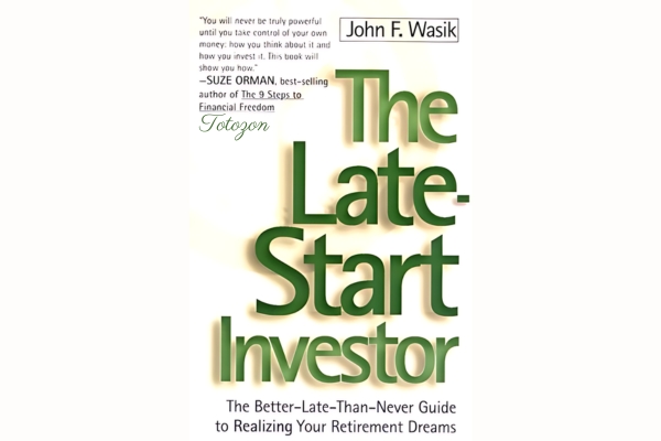 Illustration of a late-start investor planning their financial future with a book by John Wasik.