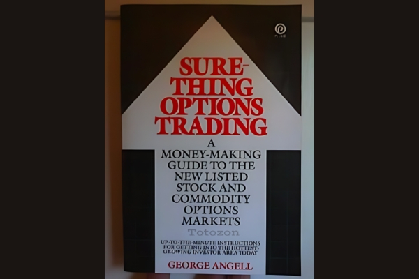 Sure-thing Options Trading by George Angell, depicting charts and options data.