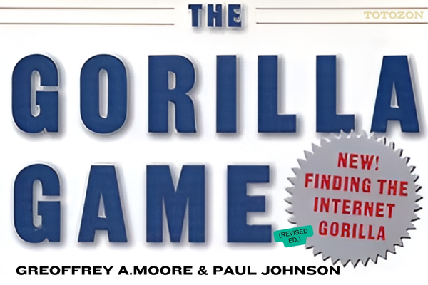 The Gorilla Game book depicting a dominant gorilla in a futuristic tech landscape symbolizing market leadership 1