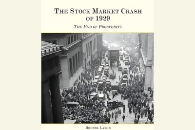 A graph showing the dramatic stock market decline in 1929 alongside a photo of Brenda Lange analyzing historical data.