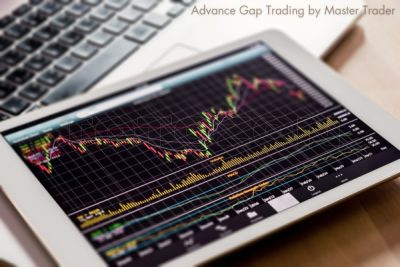 A trader analyzing market gaps on a computer screen with charts and indicators