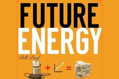 A visionary depiction of futuristic energy solutions, including solar panels, wind turbines, and smart grids, inspired by Bill Paul’s insights