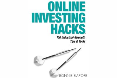 An insightful guidebook cover of 'Online Investing Hacks' by Bonnie Biafore displayed on a digital device.