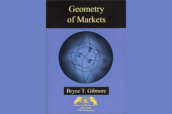 Bruce Gilmore presenting a seminar on market geometry, with complex charts and geometric patterns displayed on a screen behind him