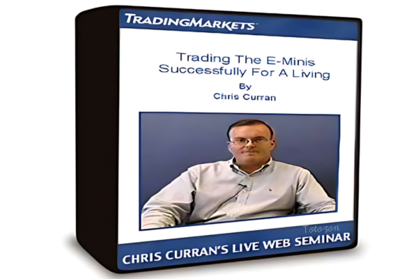 Chris Curran teaching a live webinar on E-Minis trading, displaying charts and strategies on screen.