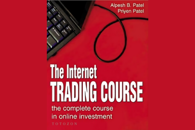 Illustration of a trader learning online with Alpesh Patel's trading course on a laptop