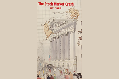 Image of Aron Abrams lecturing on the Stock Market Crash of 1929 beside a display showing stock trends from that era.