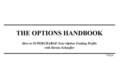 Image of Bernie Schaeffer holding his book on options trading, standing in front of a stock market chart