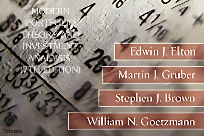 Modern Portfolio Theory and Investment Analysis, featuring abstract financial charts and portraits of authors Elton, Gruber, Brown, and Goetzmann