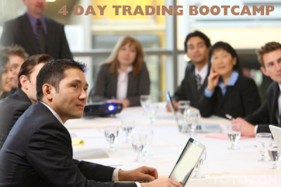 A trader participating in a day trading bootcamp with charts and graphs on the screen.