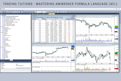 A trader writing AFL scripts in Amibroker on a computer screen