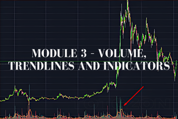 A trading chart showing volume bars, trendlines, and technical indicators.