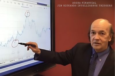 Jim Rickards discussing market trends and financial analysis with charts and graphs in the background