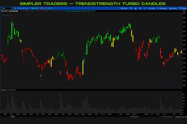 Trader analyzing market trends using TrendStrength Turbo Candles on a computer screen.