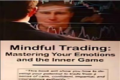 Trader practicing mindfulness meditation in front of a computer screen displaying market charts.