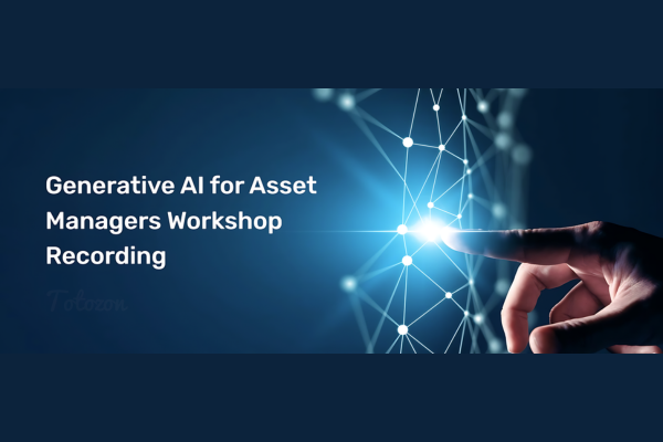 A group of asset managers analyzing financial data with AI-generated insights on a digital screen