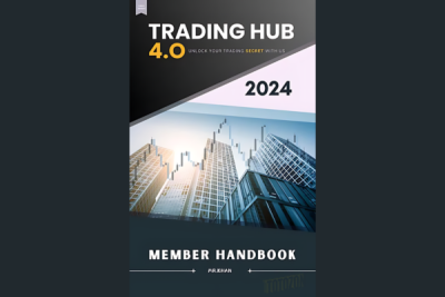 A person reading the Trading Hub 4.0 Ebook on a tablet surrounded by financial charts and graphs