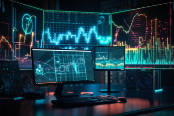 A trader analyzing charts on a computer screen with AAA Quants trading tools